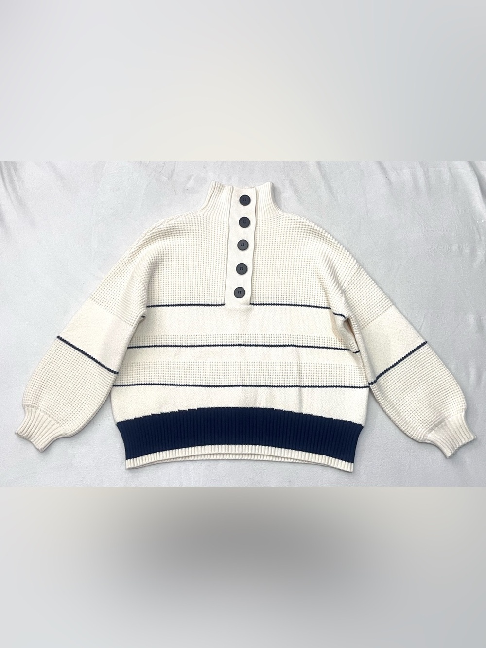 Vita Grace Cream and Navy Soft Thick Button Up Neck Waffle Sweater Women's Top